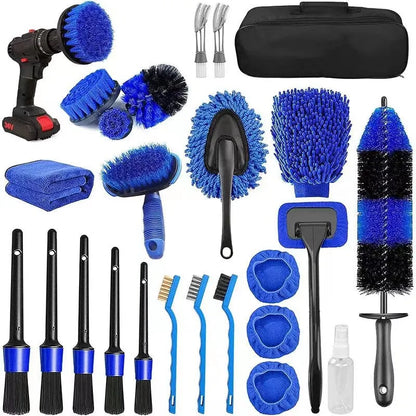 26-piece car wash brush kit with long handle tyre brush and detailing tools for automotive cleaning