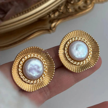 Round gold electroplated retro earrings for women with circular design elements