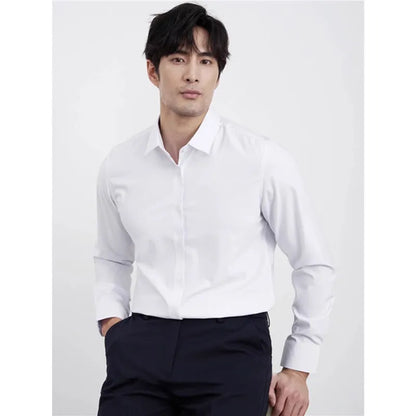 Wine red men's slim fit business shirt with long sleeves and non-ironing polyester blend fabric
