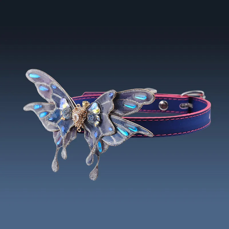 Temperature change butterfly rhinestone decoration collar with colour-changing PU material and alloy pendant