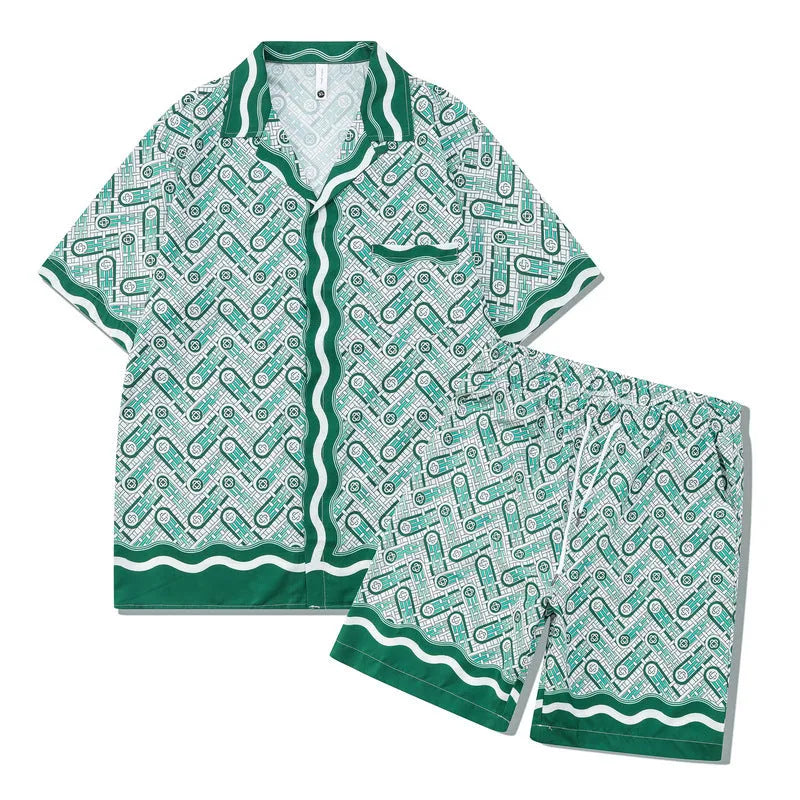 Plaid pattern beach outfit set with short sleeve shirt and trousers for teenagers