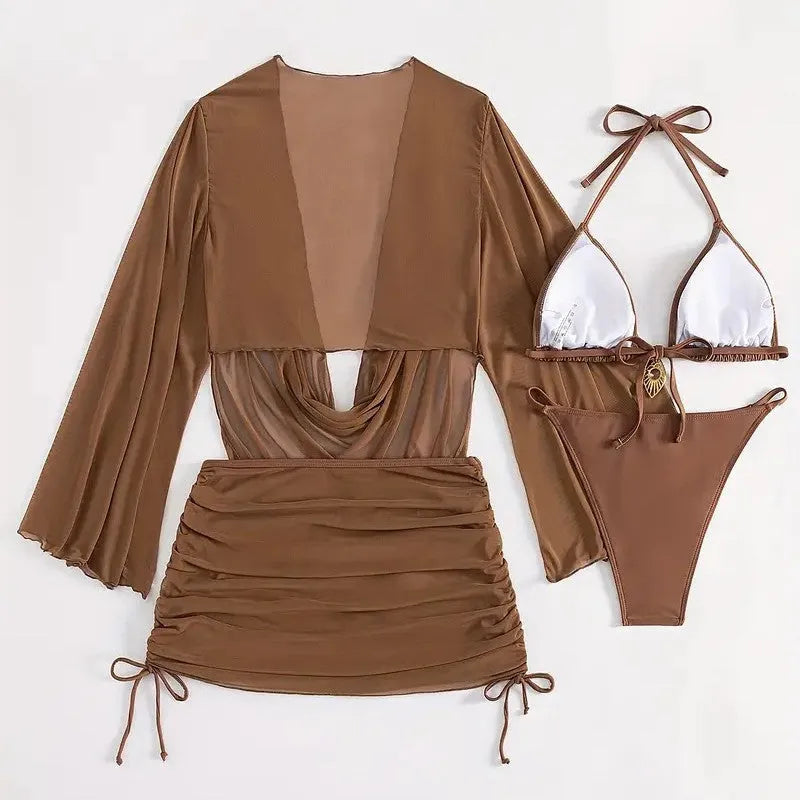 Dark brown women's one-piece swimsuit with a lace-up front and backless design.