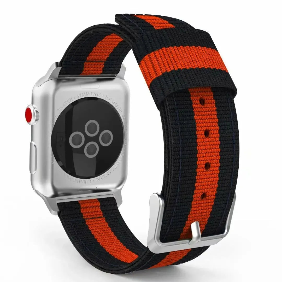 Split nylon watchband for Apple Watch in 38-49mm sizes with rainbow and striped colour options