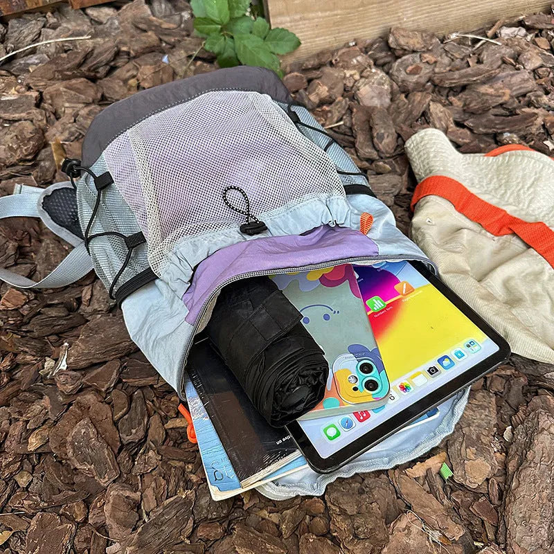 Backpack casual large capacity lightweight leisure travel waterproof nylon Japanese style foldable under 20 litres with curved shoulder straps in grey, green, blue, purple, khaki solid colours