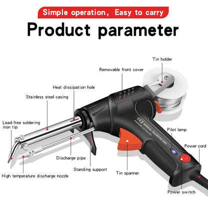 G102 black alloy soldering gun kit with light showing five-piece set and dimensions