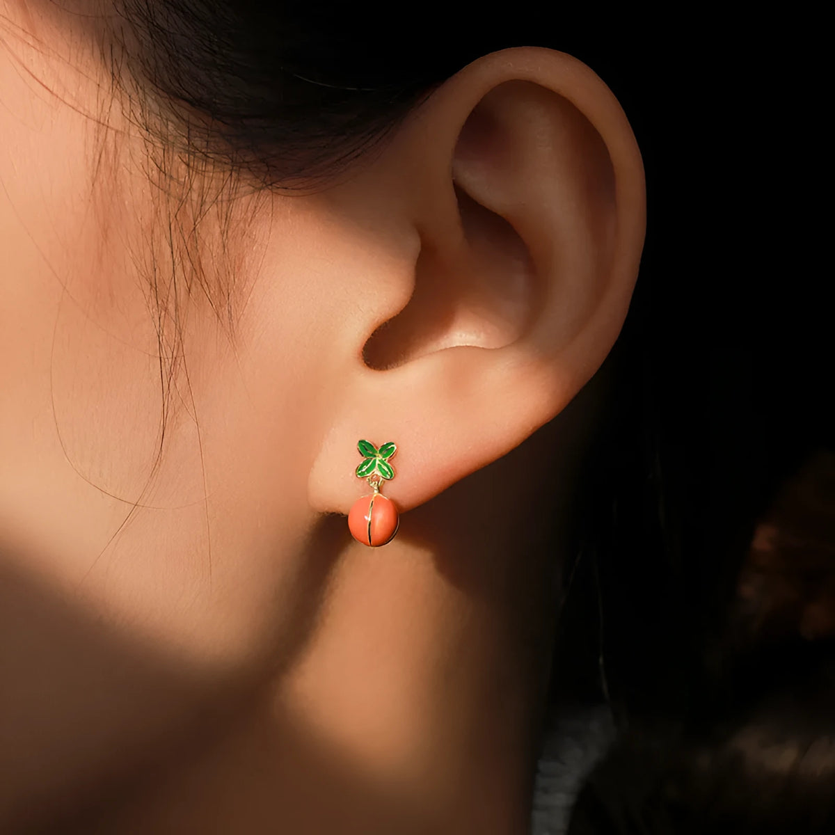S925 sterling silver persimmon stud earrings with lucky fruit design and ED3325 colour finish