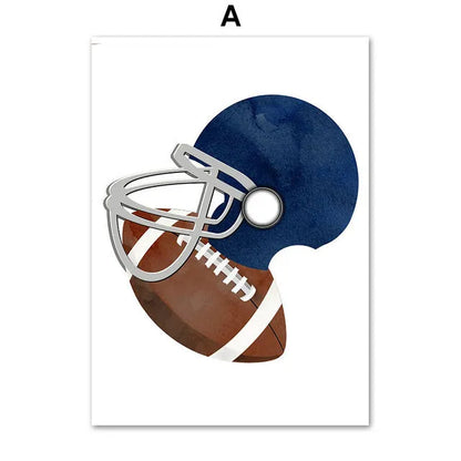 Cartoon illustration of football, basketball and baseball tools on a canvas wall poster for a child's bedroom.