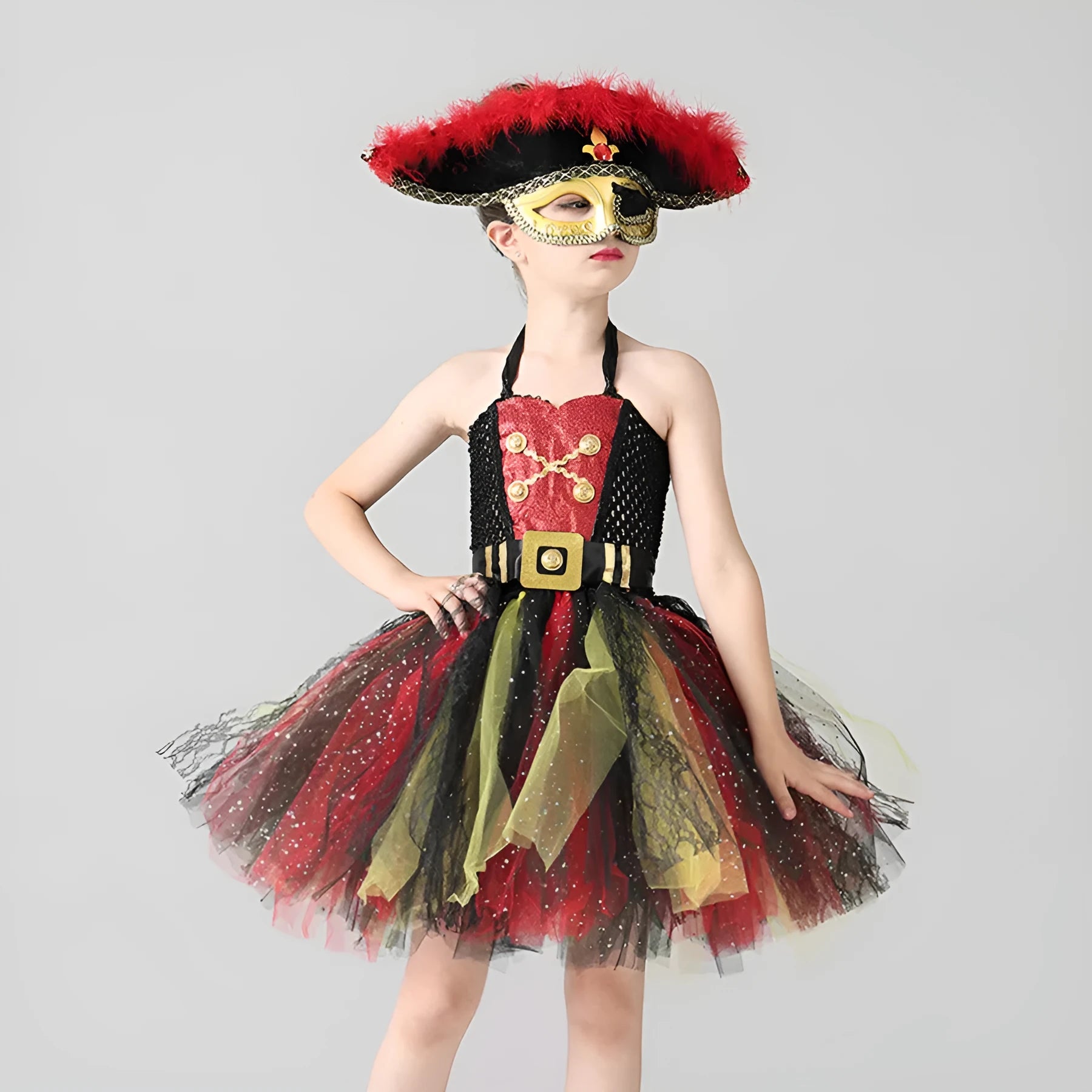 Girls sleeveless pirate costume dress with sequins, lace, and mesh on a pirate skirt design.