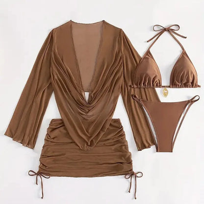 Dark brown women's one-piece swimsuit with a lace-up front and backless design.