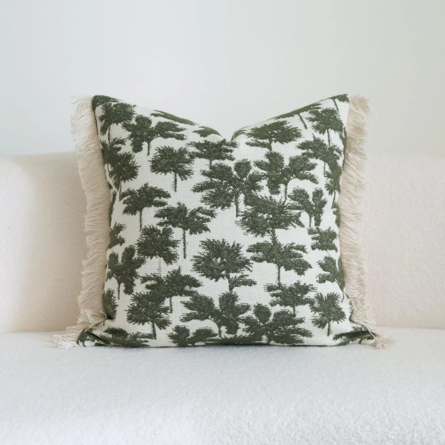 Green cotton and linen tassel pillow with silk floss filler in striped and leafy patterns, sizes 30x50cm to 50x50cm
