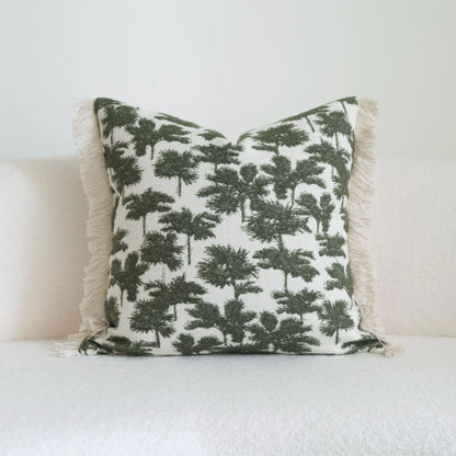 Green cotton and linen tassel pillow with silk floss filler in striped and leafy patterns, sizes 30x50cm to 50x50cm