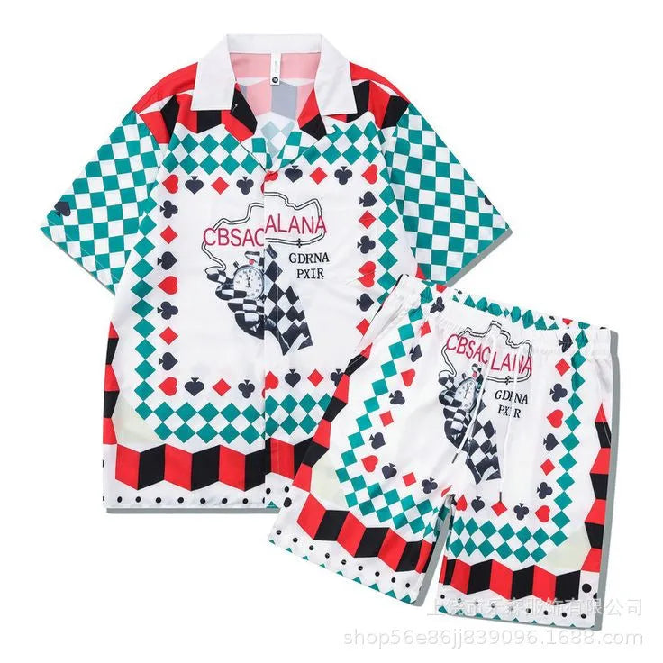 Plaid pattern beach outfit set with short sleeve shirt and trousers for teenagers