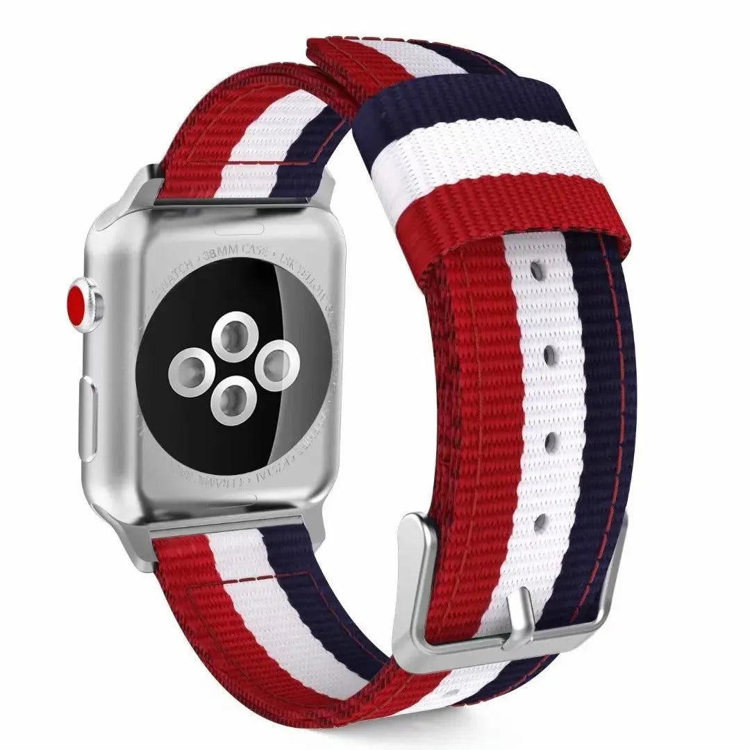Split nylon watchband for Apple Watch in 38-49mm sizes with rainbow and striped colour options