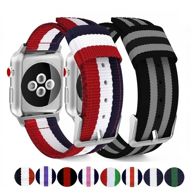 Split Nylon Watchband Canvas Wristband Tide for Apple Watch in 38mm 40mm 41mm 42mm 44mm 45mm 49mm with Rainbow, Striped and Solid Colour Options