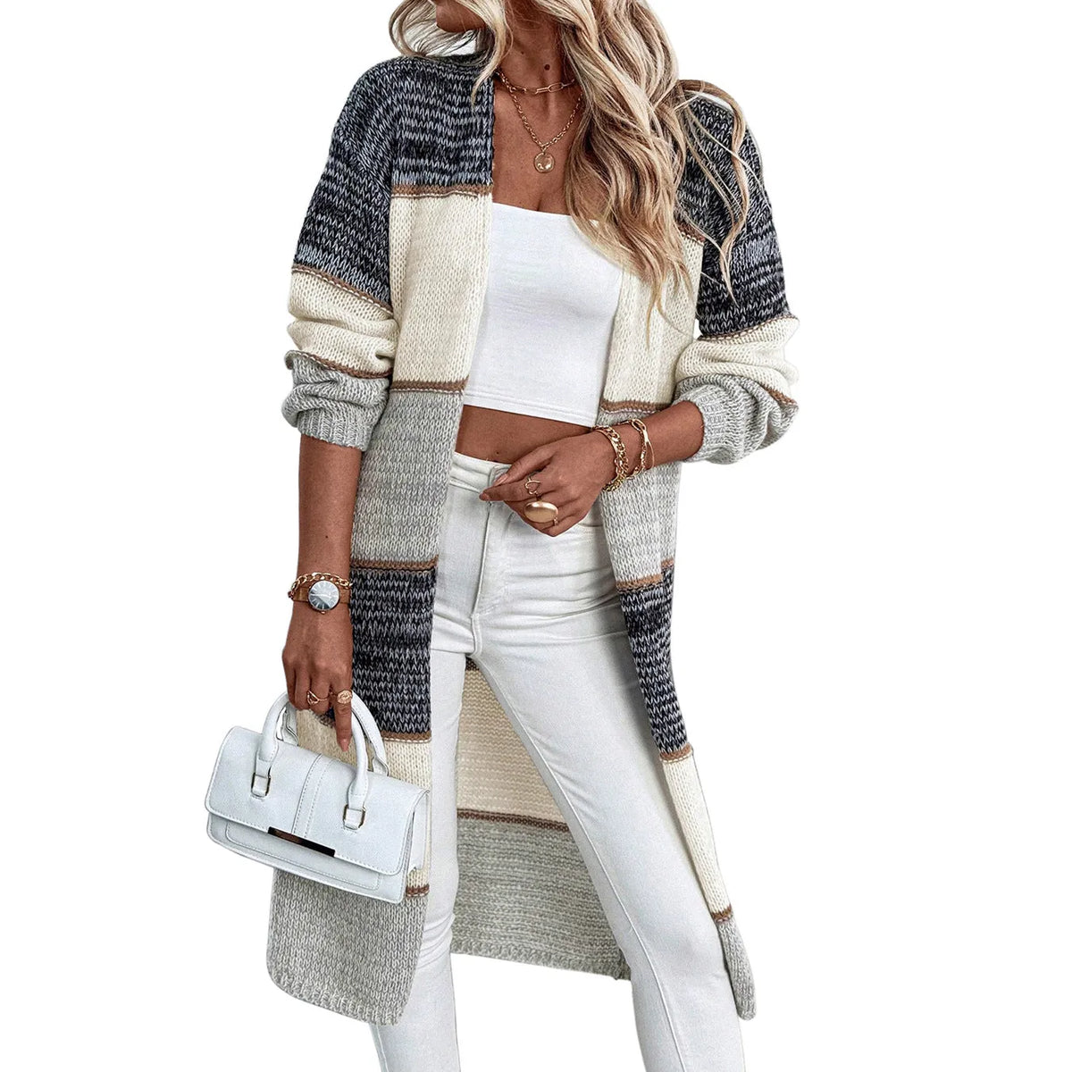 Grey loose-fit women's knitted cardigan with long sleeves and a striped plaid pattern.