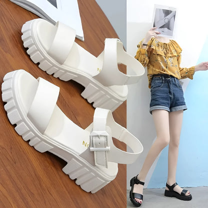 Women's beige peep toe ankle-strap sandals with buckle fastening and platform sole