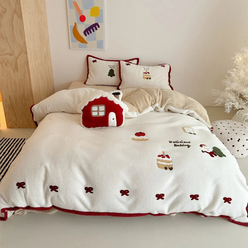Winter Christmas cartoon four-piece bedding set with bed sheet, duvet cover, and pillowcases in polyester material
