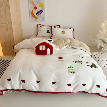 Winter Christmas cartoon four-piece bedding set with bed sheet, duvet cover, and pillowcases in polyester material