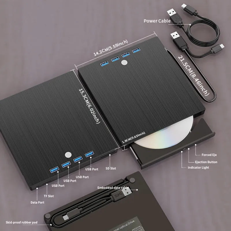 Black external DVD burner with USB Type-C interface, tray loading, 8MB cache and 0.36kg plastic body