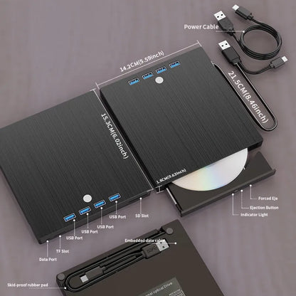 Black external DVD burner with USB Type-C interface, tray loading, 8MB cache and 0.36kg plastic body