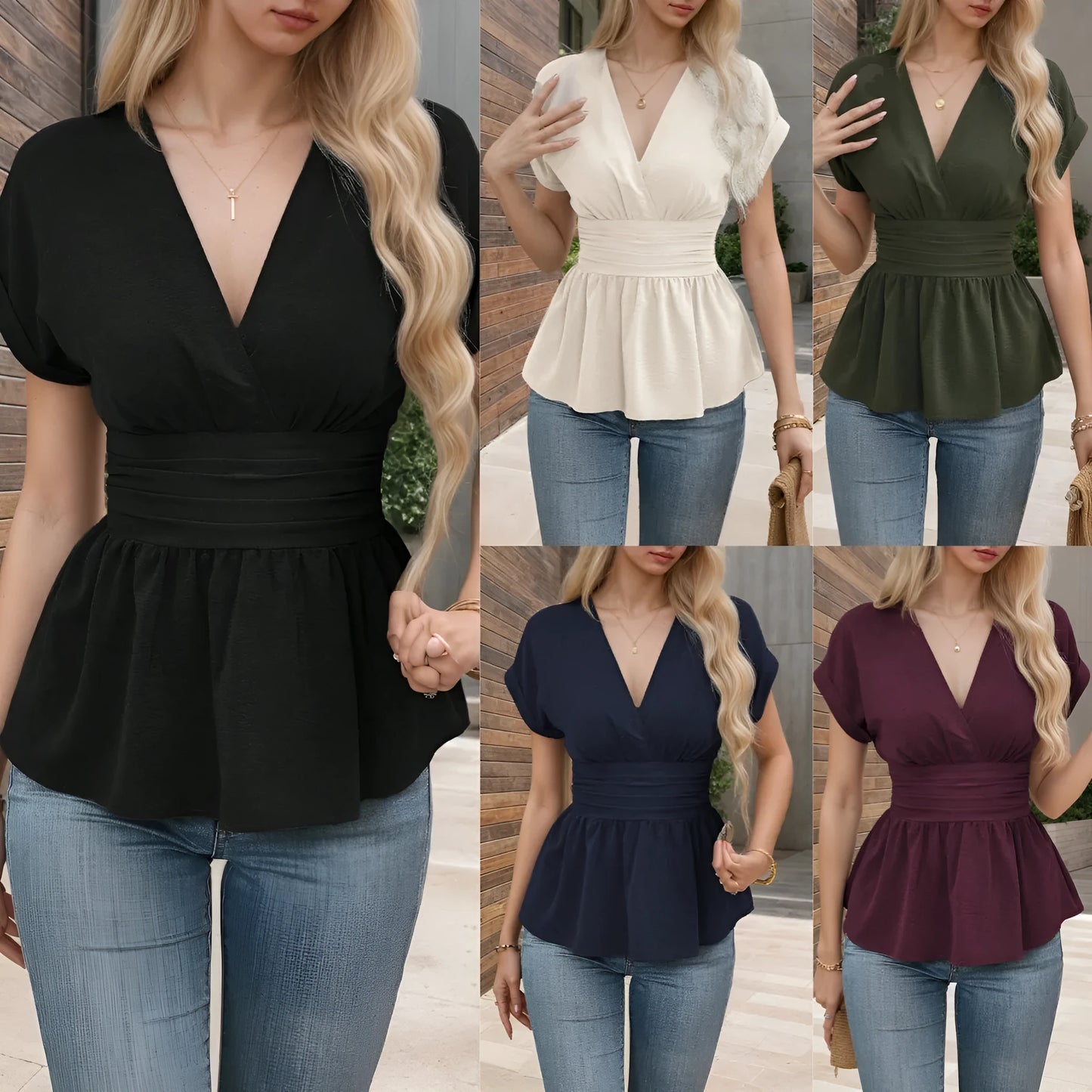 Women's slim-fit polyester V-neck top with waist pleating in five colour options