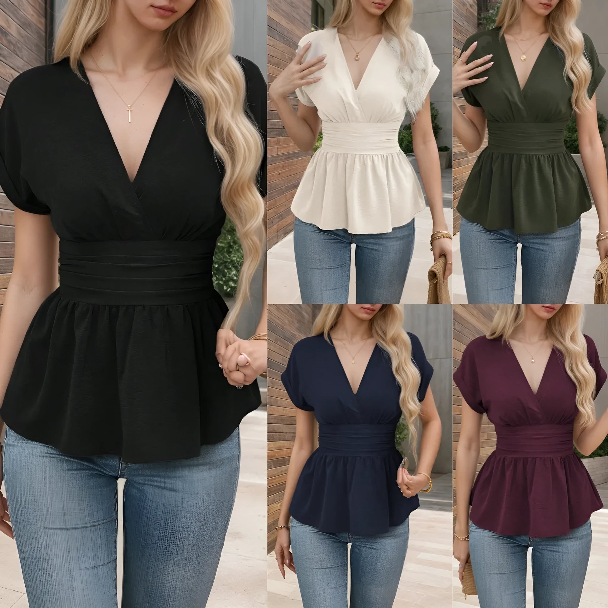 Women's slim-fit polyester V-neck top with waist pleating in five colour options