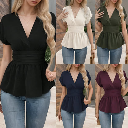 Women's slim-fit polyester V-neck top with waist pleating in five colour options