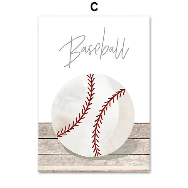 Cartoon illustration of football, basketball and baseball tools on a canvas wall poster for a child's bedroom.