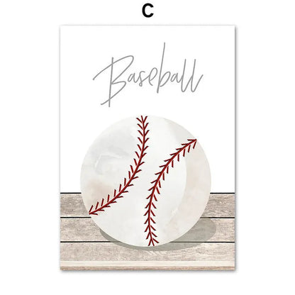 Cartoon illustration of football, basketball and baseball tools on a canvas wall poster for a child's bedroom.