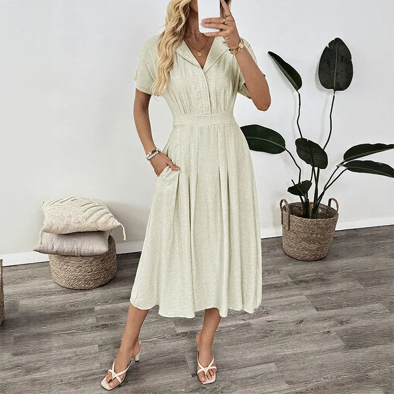Women's commuter shirt dress with lapel collar and waist tie fastening featuring side pockets and splicing details in light green polyester twill fabric available in Asian sizing S, M, L, XL