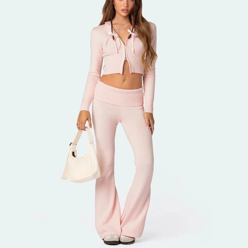 Women's stylish knitted hooded suit with flared pants in various colors