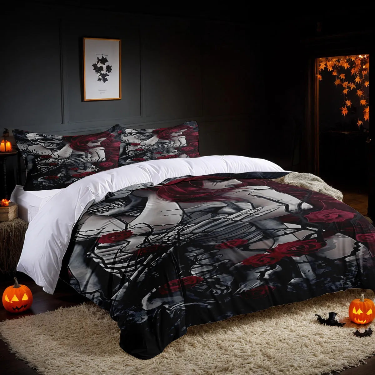 White three-piece bed set with digital printed pattern on chemical fibre fabric