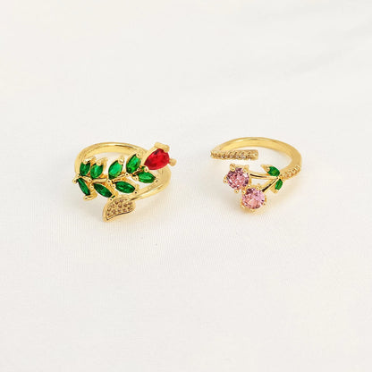 Copper geometric open ring with leaf design and zircon accents for women