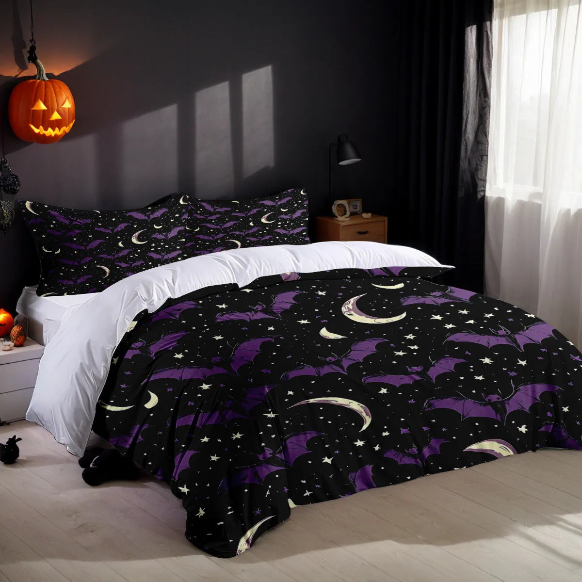 White three-piece bed set with digital printed pattern on chemical fibre fabric