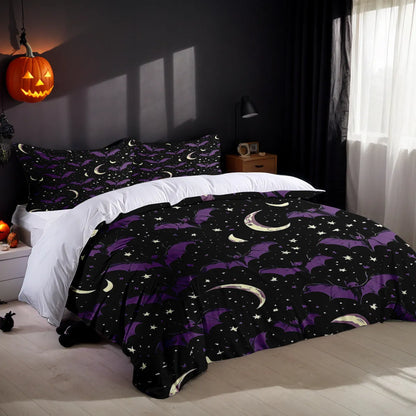 White three-piece bed set with digital printed pattern on chemical fibre fabric