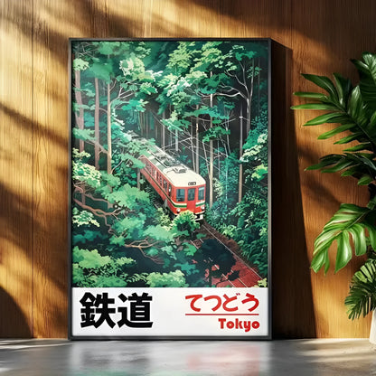 Retro Japanese landscape canvas art poster depicting a railway scene, frameless and in Nordic style.