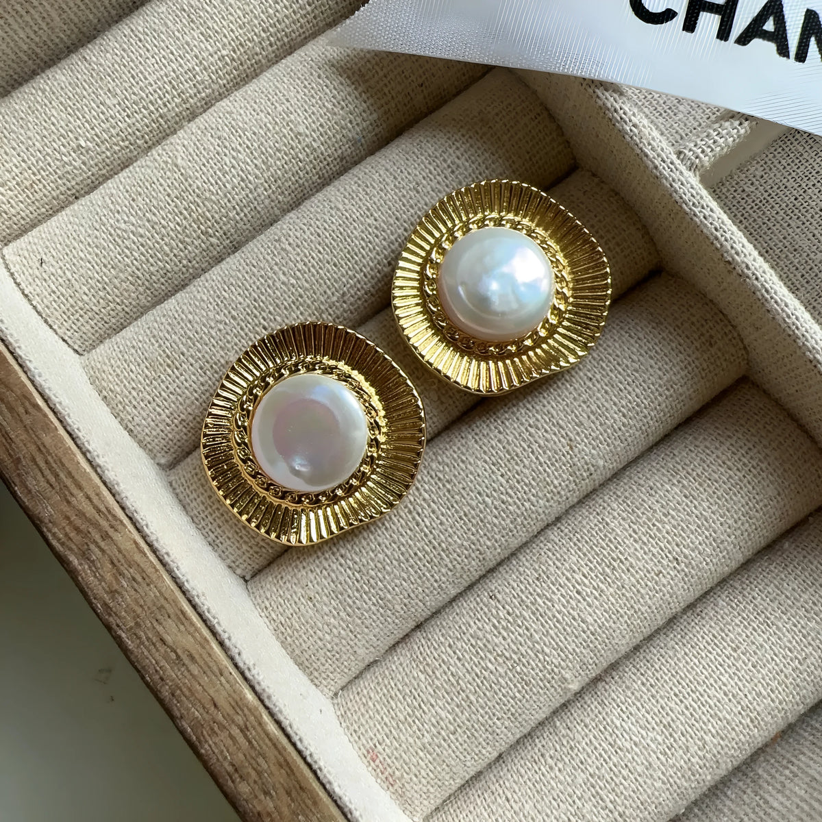 Round gold electroplated retro earrings for women with circular design elements