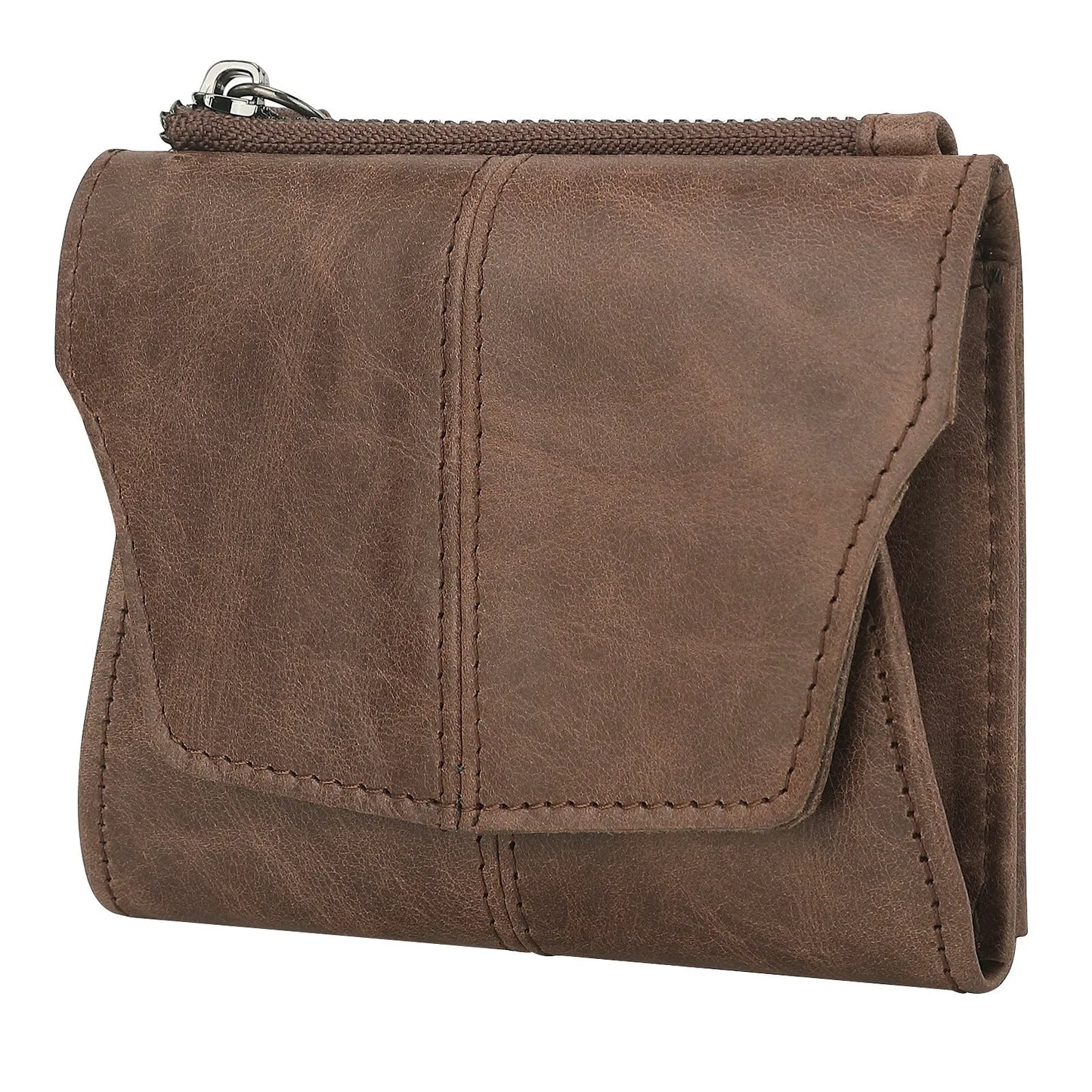 Men's brown genuine leather coin purse with a metal lock and decorative stitching in a retro style.