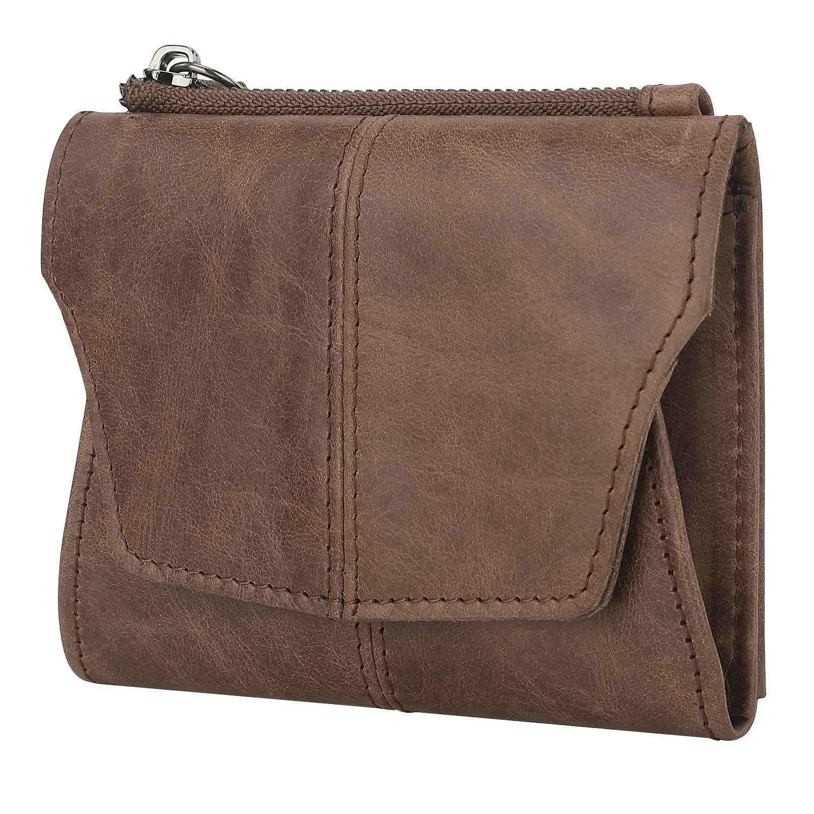 Men's brown genuine leather coin purse with a metal lock and decorative stitching in a retro style.