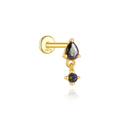 Sterling silver flat head thread piercing earrings with geometric shape and rainbow stone detail