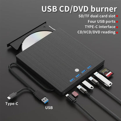 Black external DVD burner with USB Type-C interface, tray loading, 8MB cache and 0.36kg plastic body