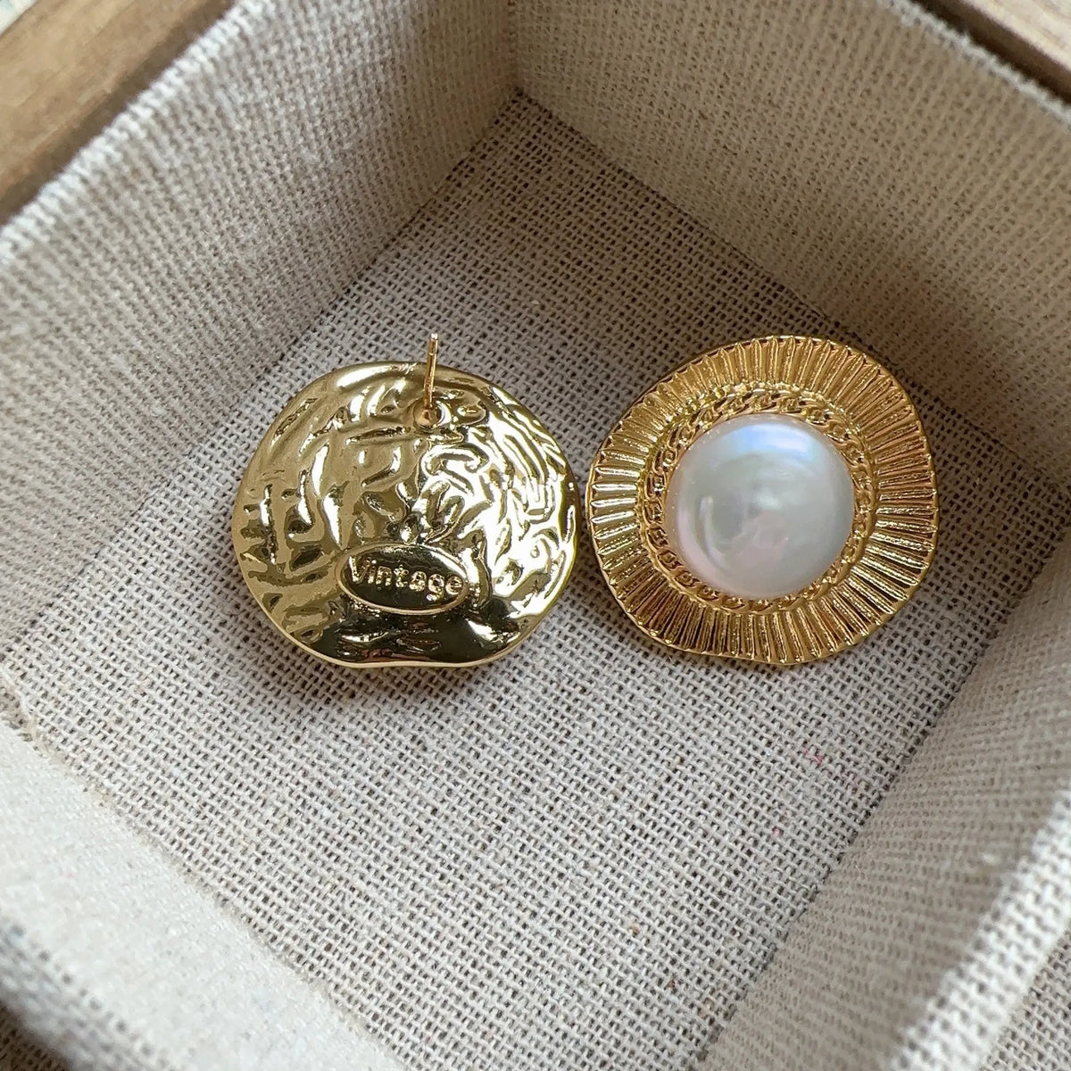 Round gold electroplated retro earrings for women with circular design elements