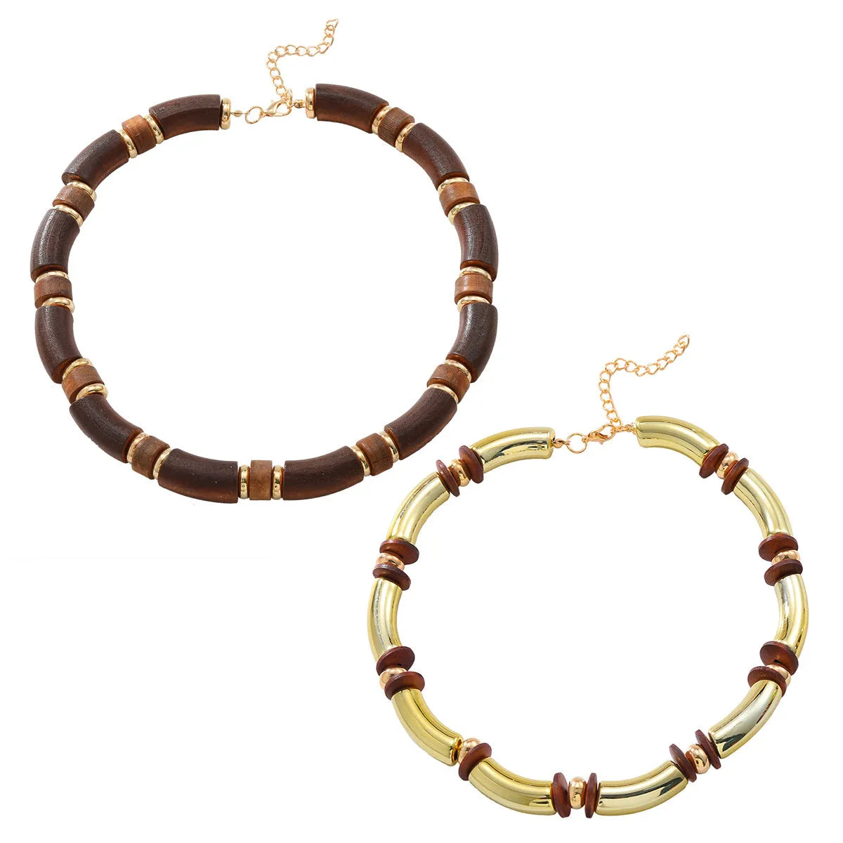Layered bohemian jewellery set with a large round wooden pendant necklace and matching bracelet on a table.