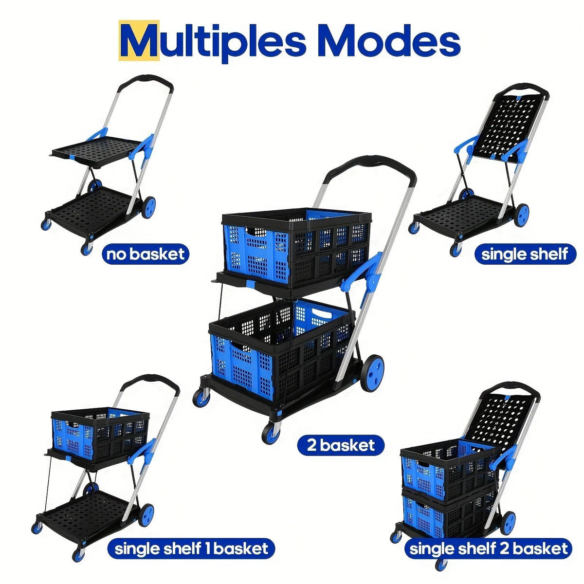 Blue foldable shopping cart with two plastic baskets, shown in an open position.