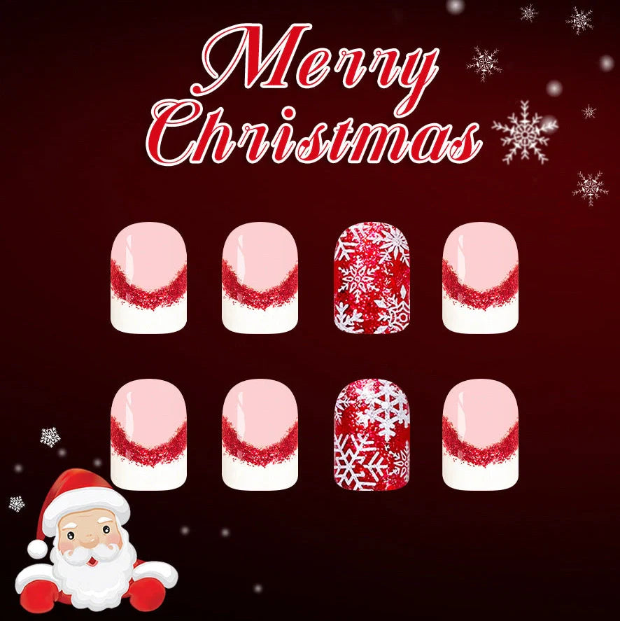 Short glossy square false nails with white French tips for Christmas manicures