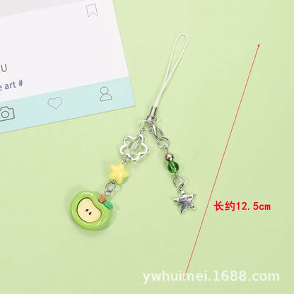 Plastic and resin fruit charm keychain with apple, strawberry designs on silver rope