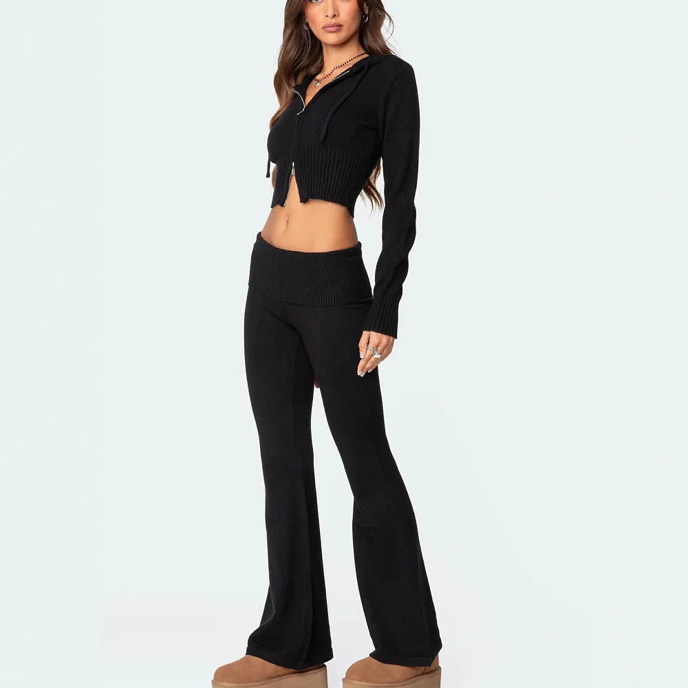 Women's stylish knitted hooded suit with flared pants in various colors