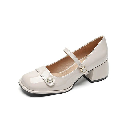 Women's patent leather chunky heel pumps with square toe and buckle fastening in three colour options