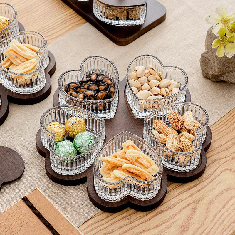 Transparent glass fruit platter with heart-shaped lid in 2-grid, 3-grid, 4-grid, and 5-grid tray options.