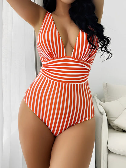 Women's striped one-piece swimsuit in polyester-spandex blend with four colour options and size variations